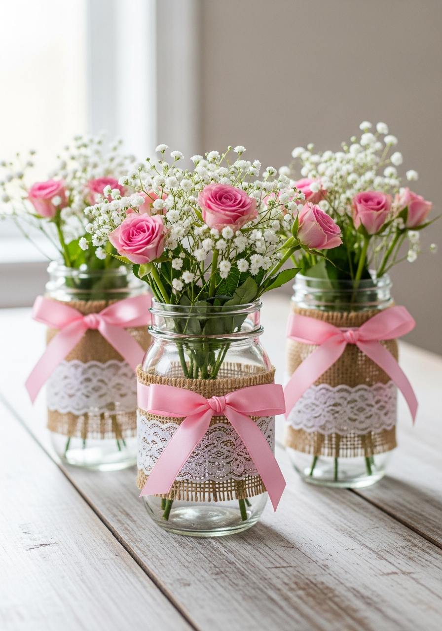 Ribbon Wrapped Mason Jars - 50 Galentines Party Decorations DIY Ideas Your Besties Will Love