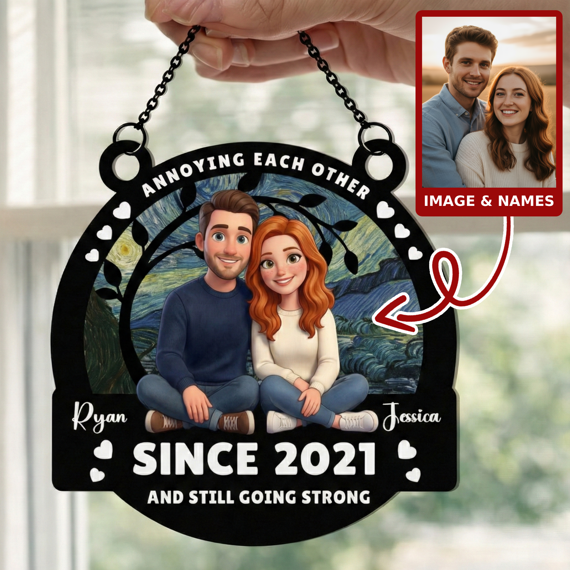 Personalized Couple Wood & Broken Glass Hologram Ornament - Image 2