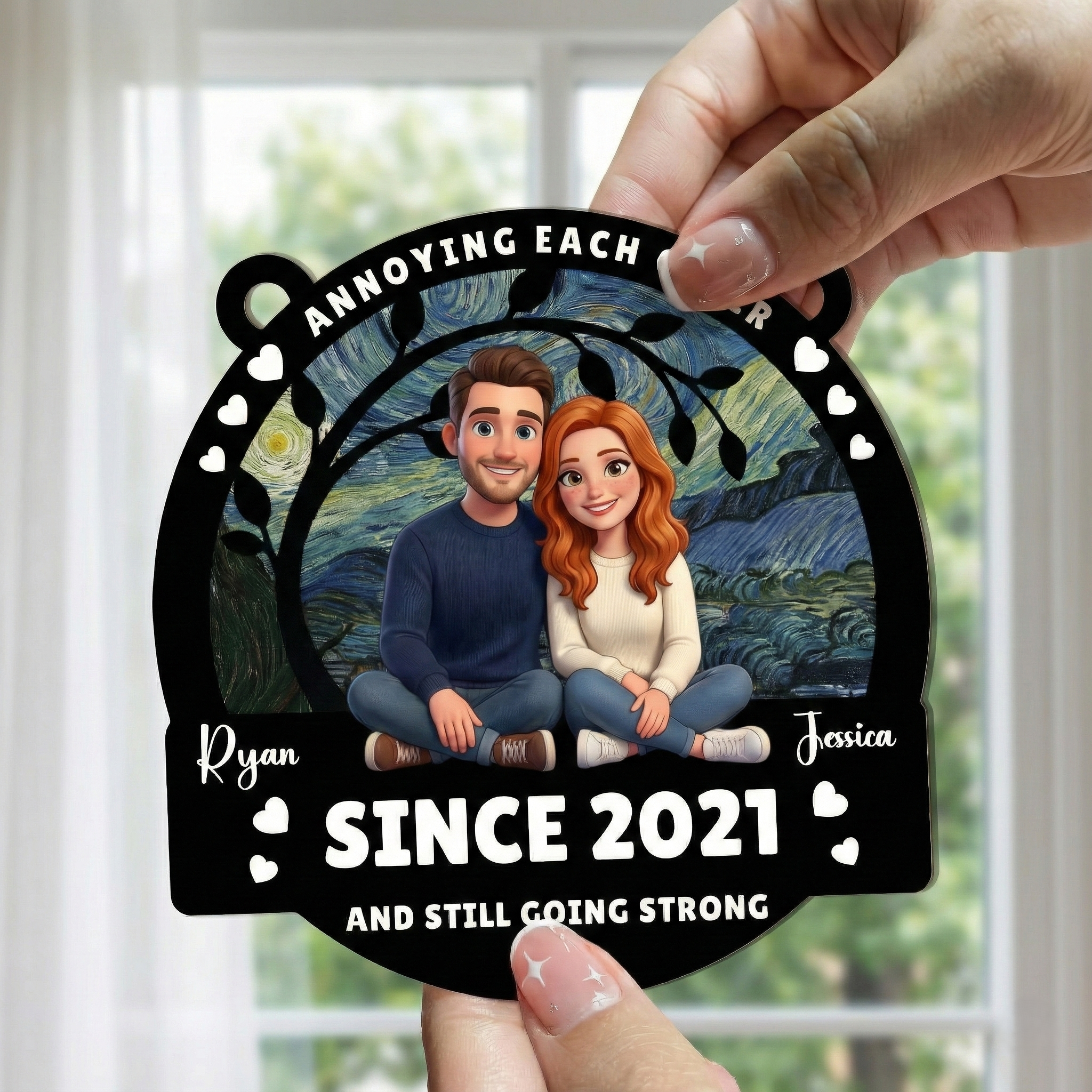Personalized Couple Wood & Broken Glass Hologram Ornament - Image 3