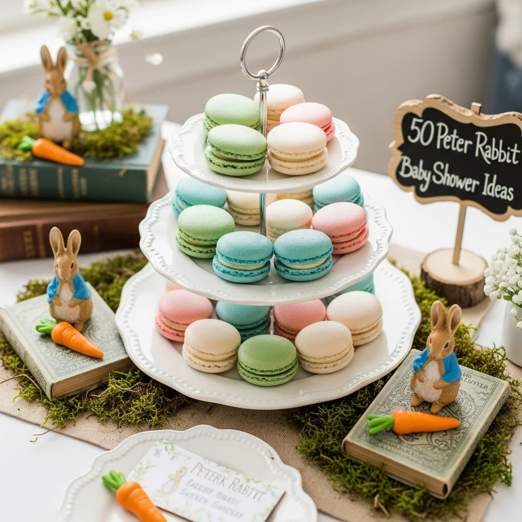 Macaron Dessert Display - 50 Peter Rabbit Baby Shower Ideas: The Ultimate Storybook Guide