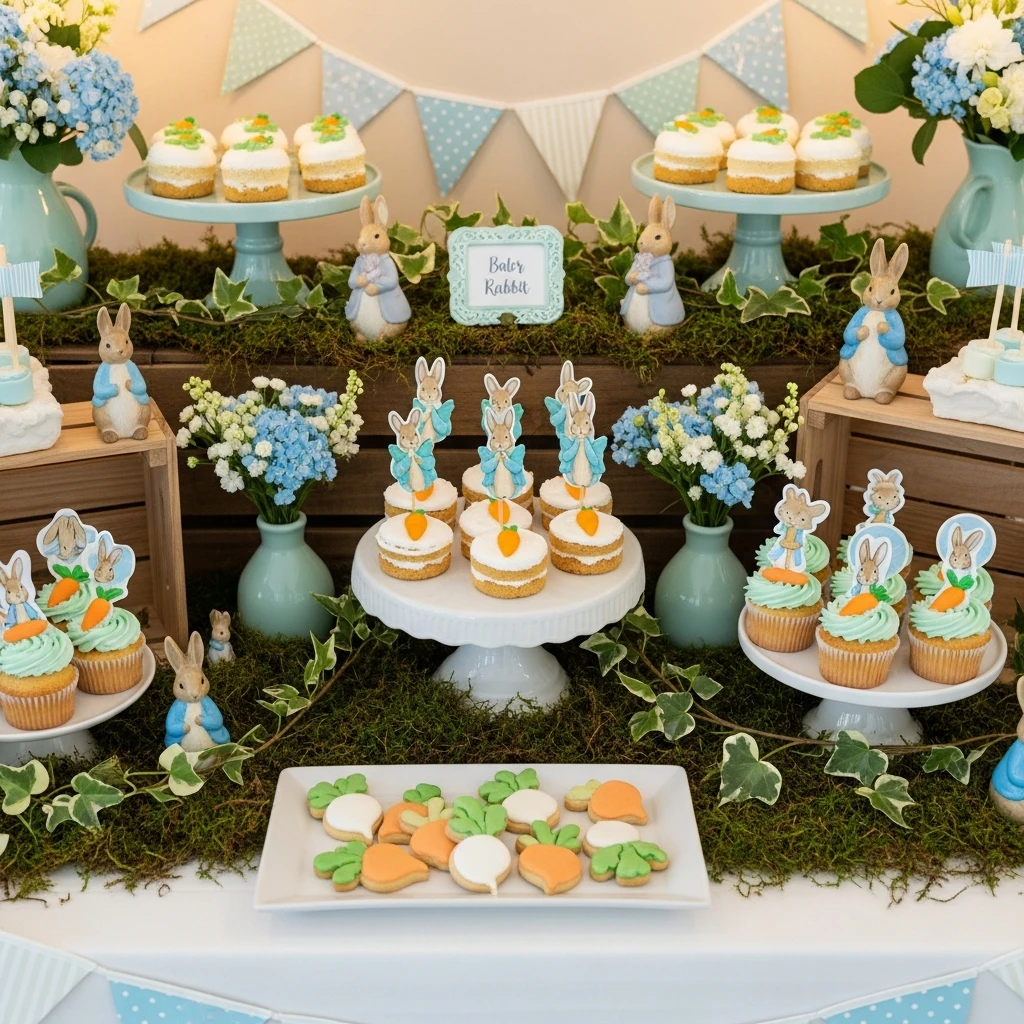 Themed Dessert Table - 50 Peter Rabbit Baby Shower Ideas: The Ultimate Storybook Guide