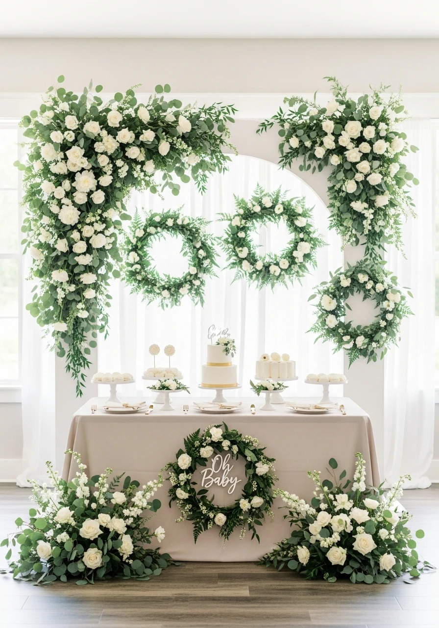 Wreath Backdrop Focus - 50 Spring Baby Shower Themes