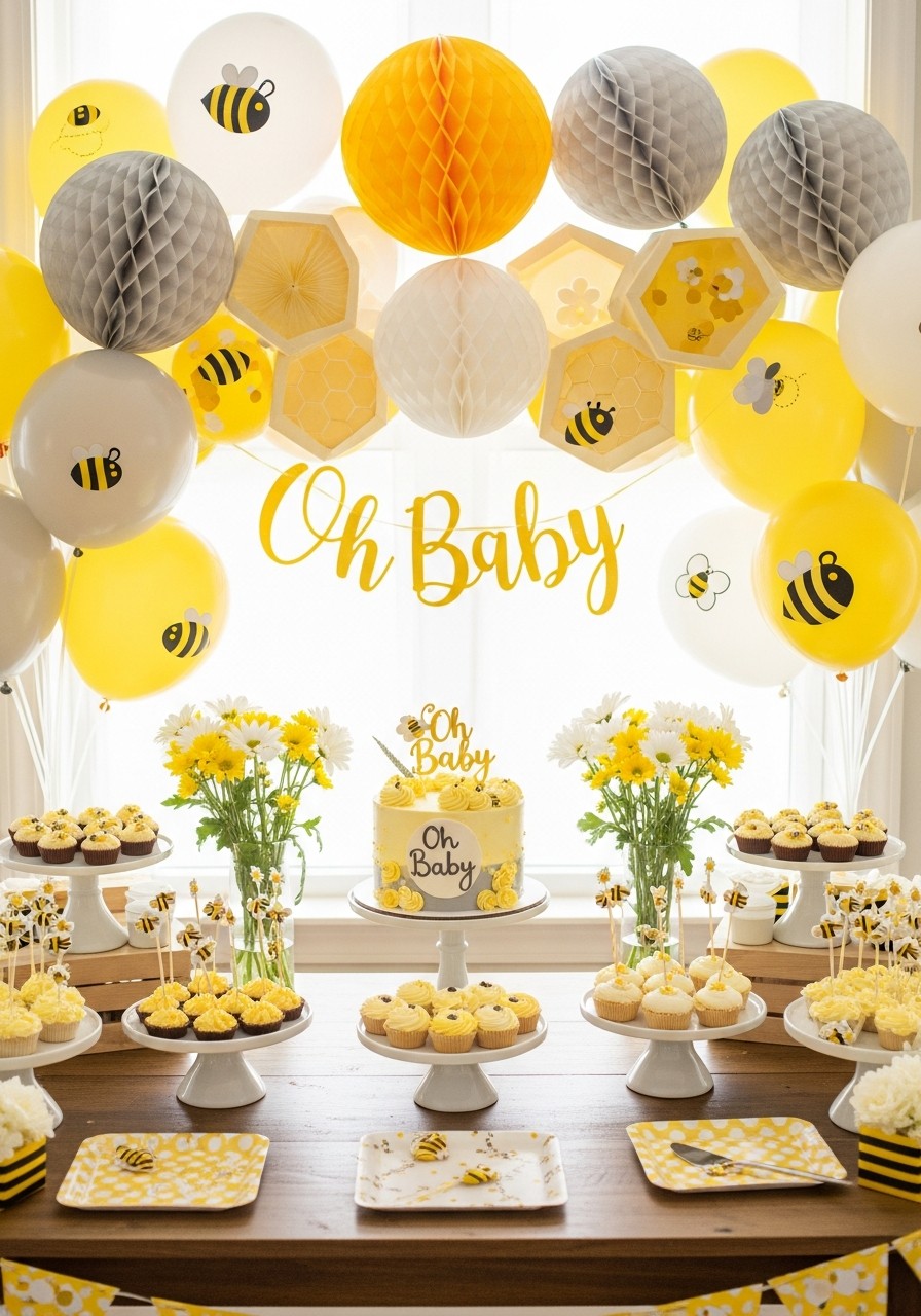 Honey Bee Yellow and Gray - 50 Unisex Baby Shower Themes