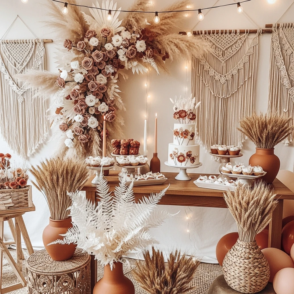 Boho Dried Floral Look - 50 Best Baby in Bloom Baby Shower Theme Ideas for a Perfect Spring Party