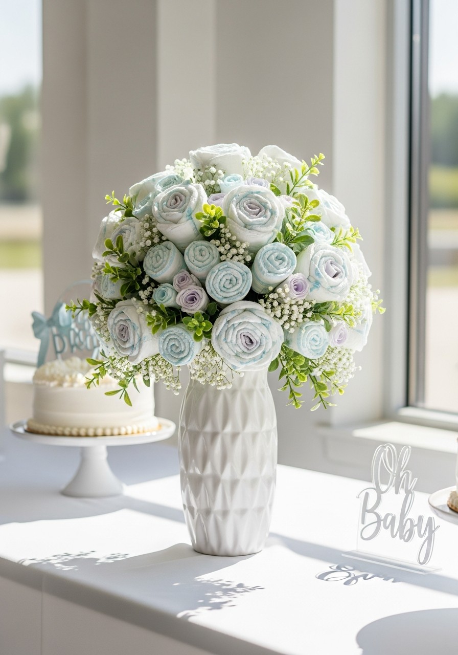 Diaper Bouquet Arrangement - 50 Best Baby Shower Table Decoration Ideas