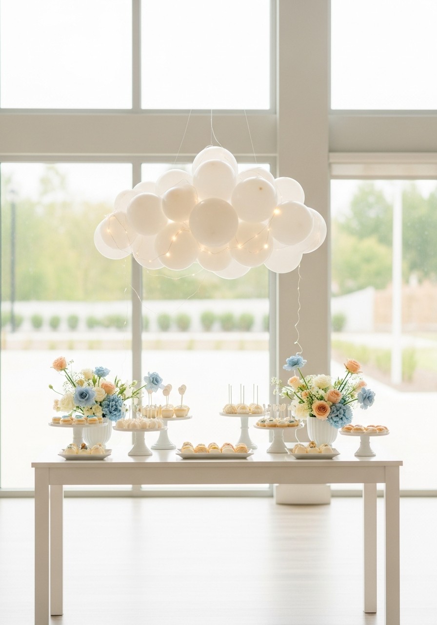 Balloon Cloud with Lights - 50 Best Baby Shower Table Decoration Ideas