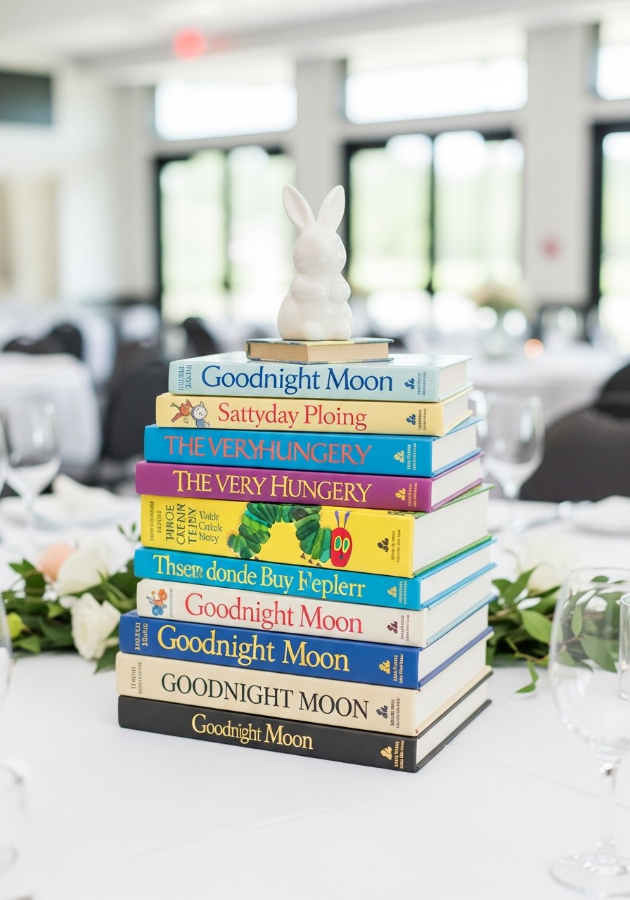 Stacked Baby Books Decor - 50 Best Baby Shower Table Decoration Ideas