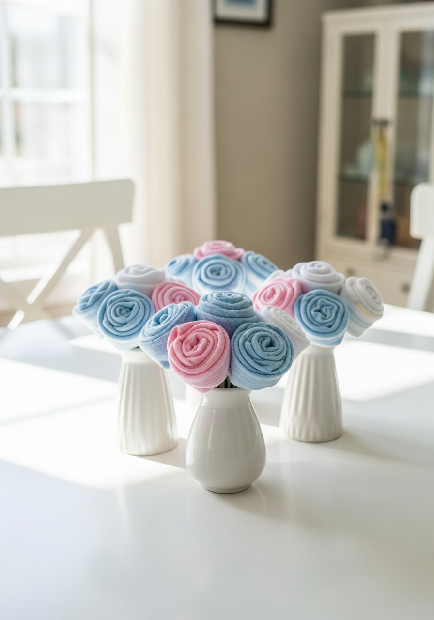 Baby Sock Flower Decor - 50 Best Baby Shower Table Decoration Ideas