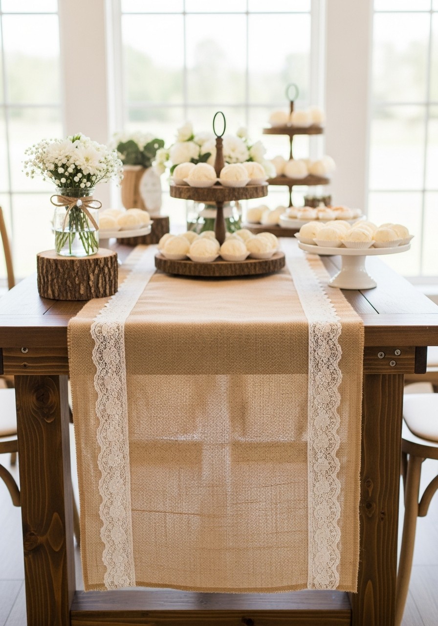 Burlap and Lace Runner - 50 Best Baby Shower Table Decoration Ideas