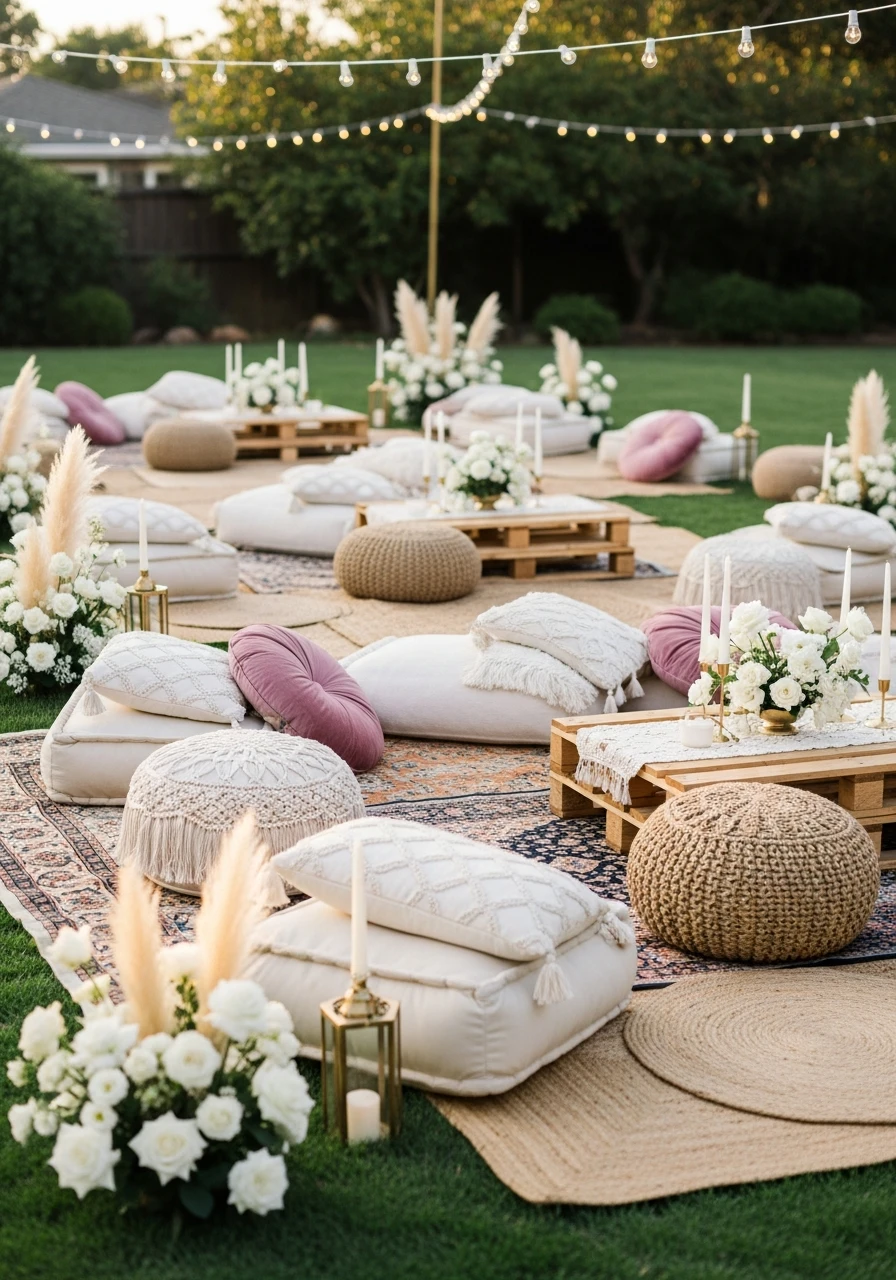 Boho Lounge Seating Area - 50 Best Backyard Bridal Shower Ideas for a Perfect Party