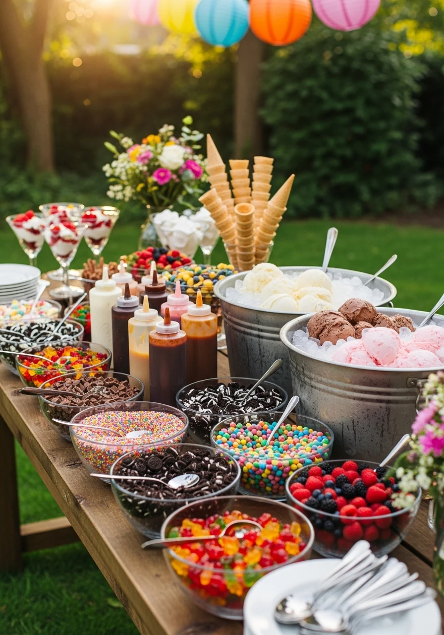 Outdoor Ice Cream Sundae Bar - Perfect Birthday Garden Party Ideas