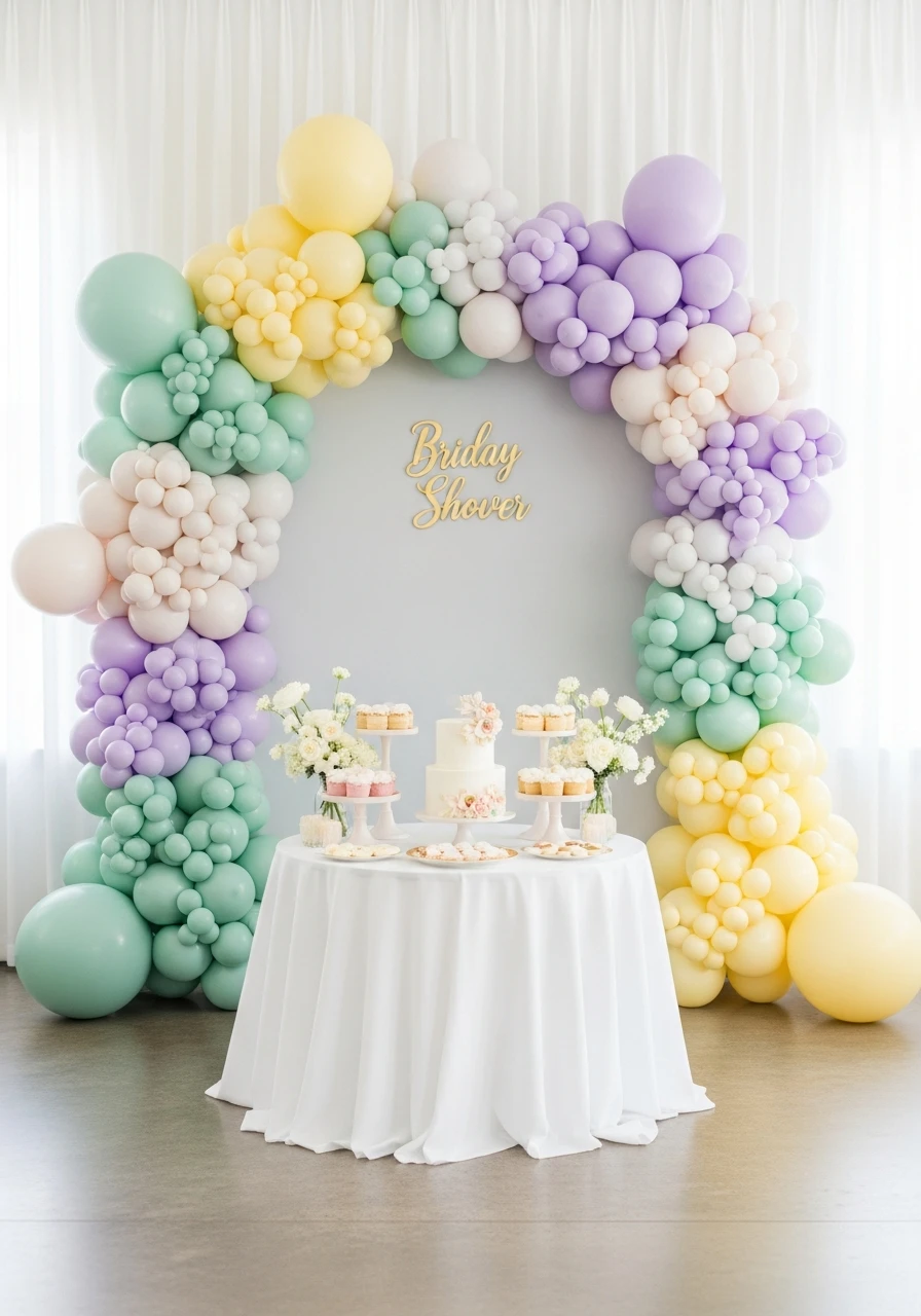 Soft Pastel Balloon Arch - 50 Stunning Bridal Shower Backdrop Ideas