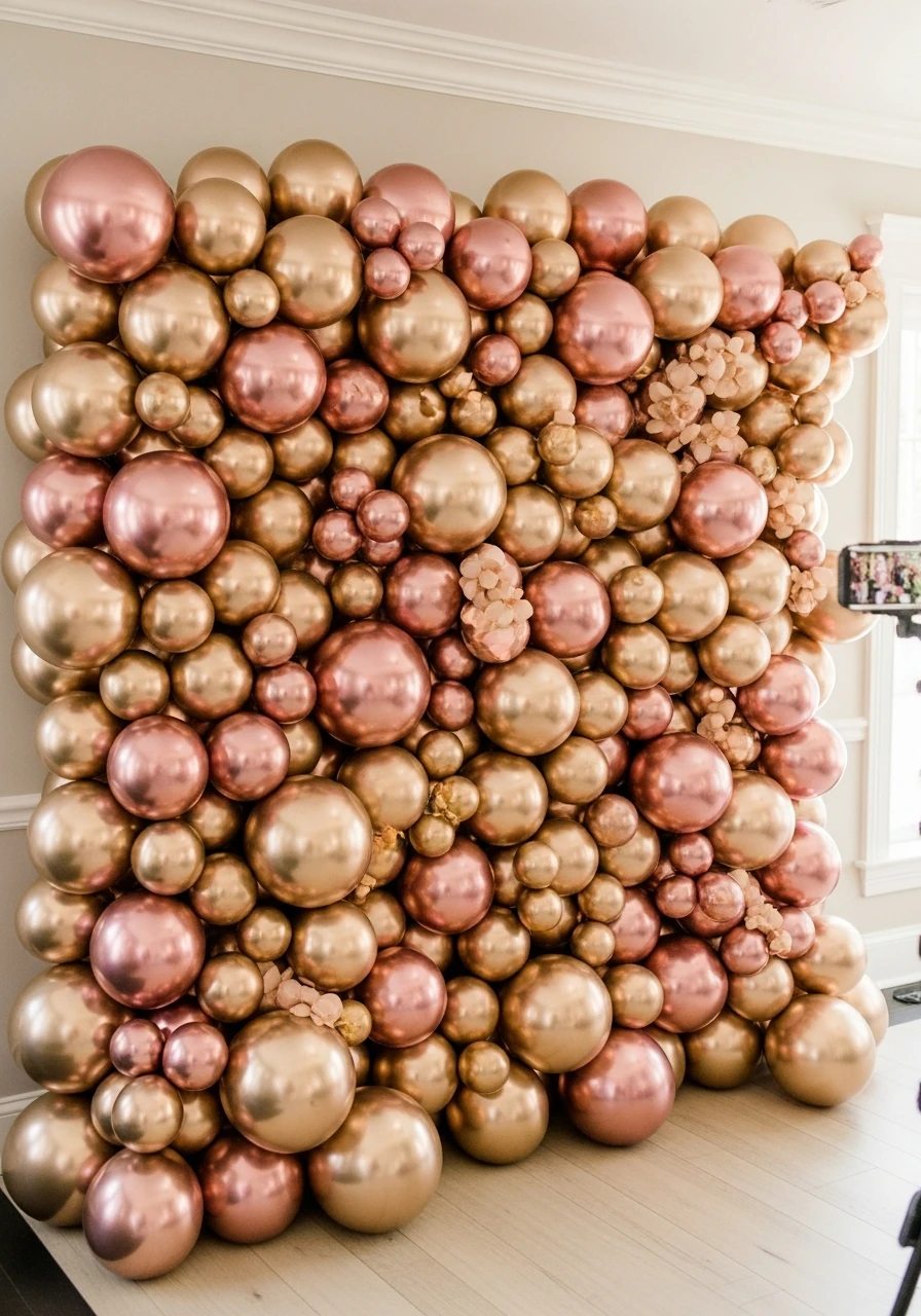 Shiny Metallic Balloon Wall - 50 Stunning Bridal Shower Backdrop Ideas