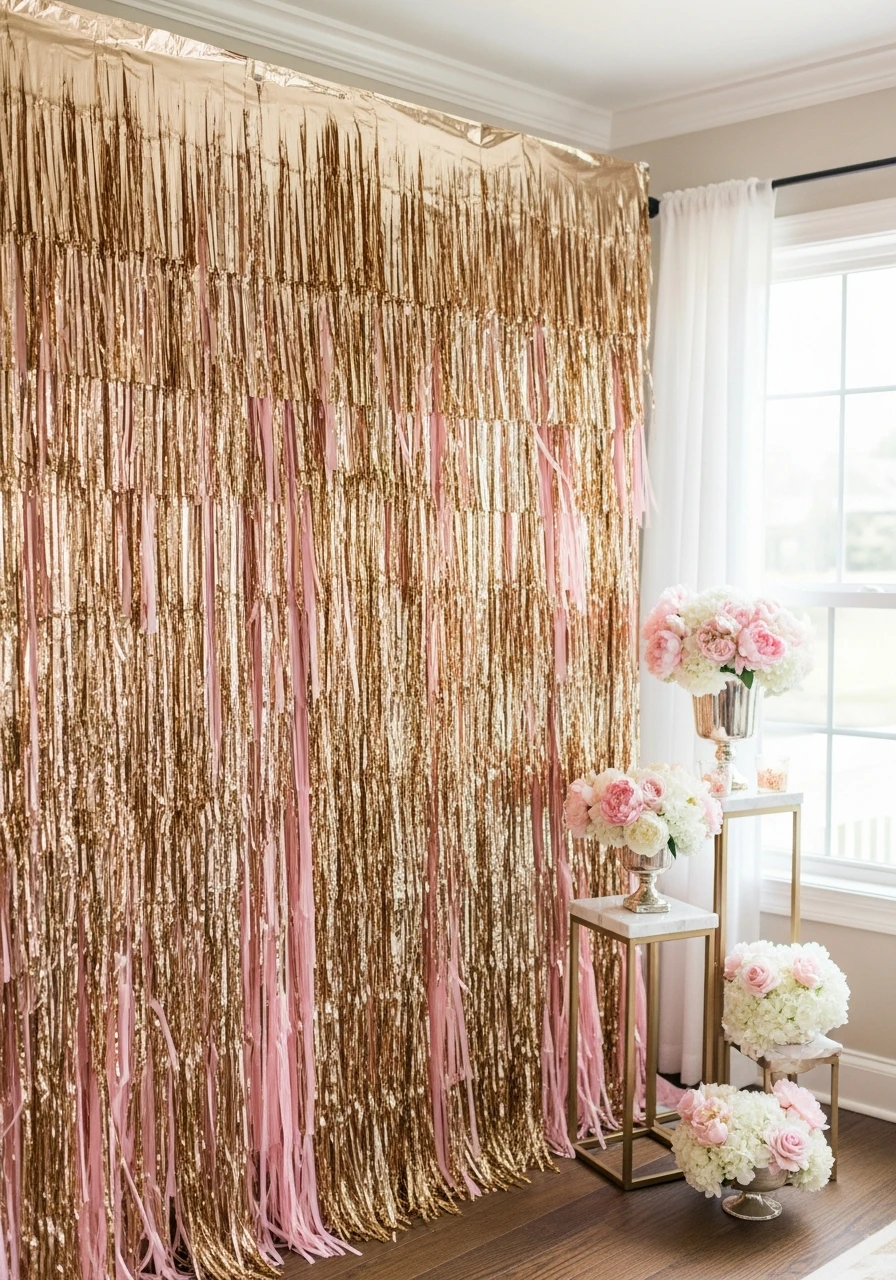 Sparkly Fringe Curtain Fun - 50 Stunning Bridal Shower Backdrop Ideas