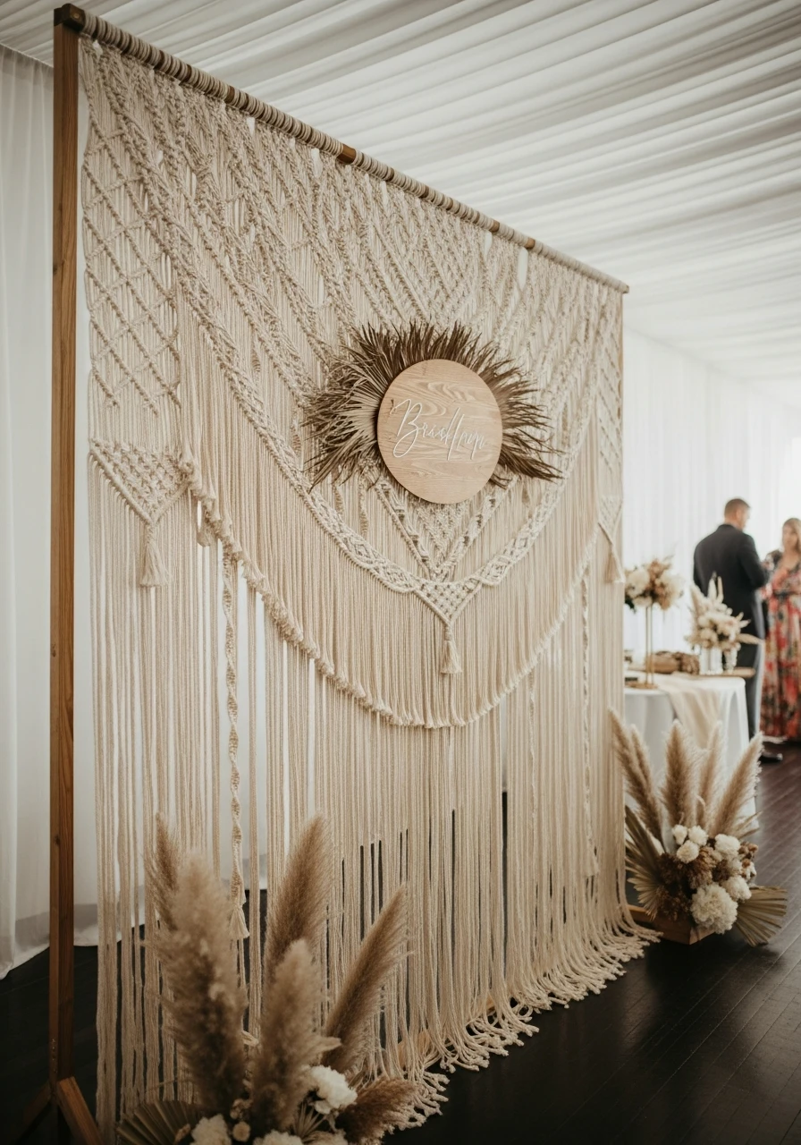 Macramé and Wooden Sign - 50 Stunning Bridal Shower Backdrop Ideas
