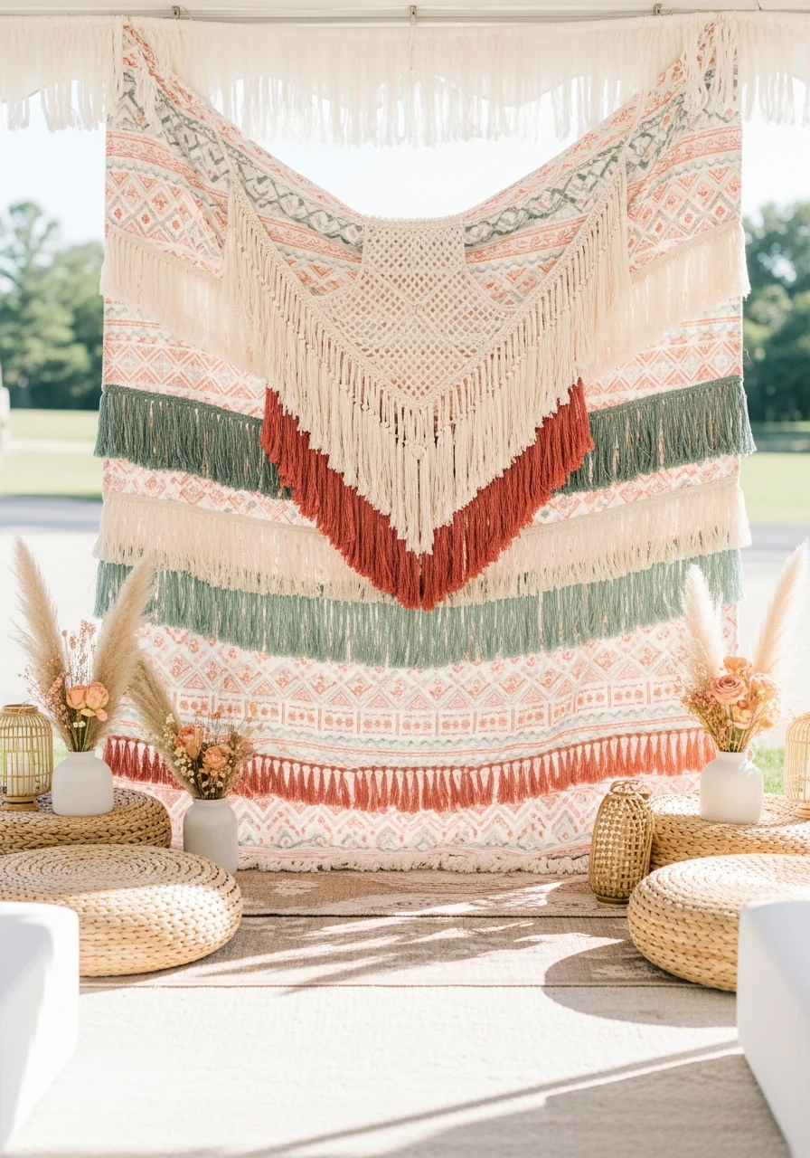 Patterned Boho Tapestry - 50 Stunning Bridal Shower Backdrop Ideas