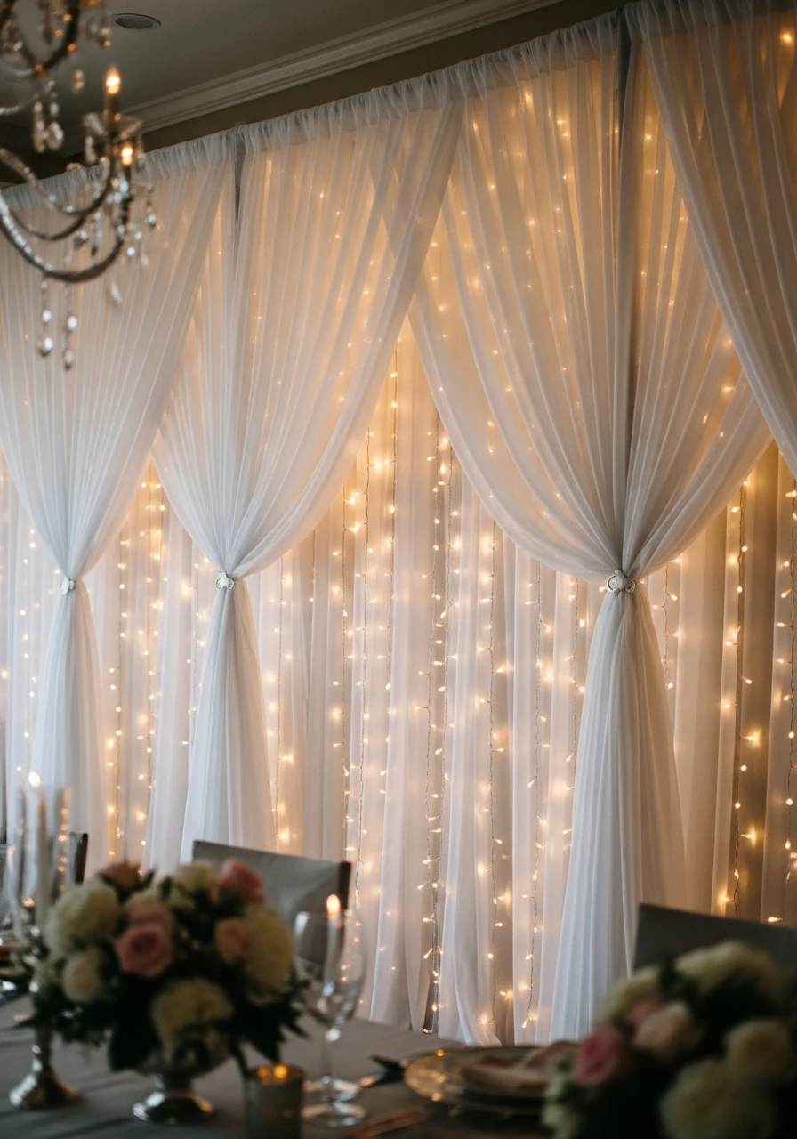 Cozy Fairy Light Drapes - 50 Stunning Bridal Shower Backdrop Ideas