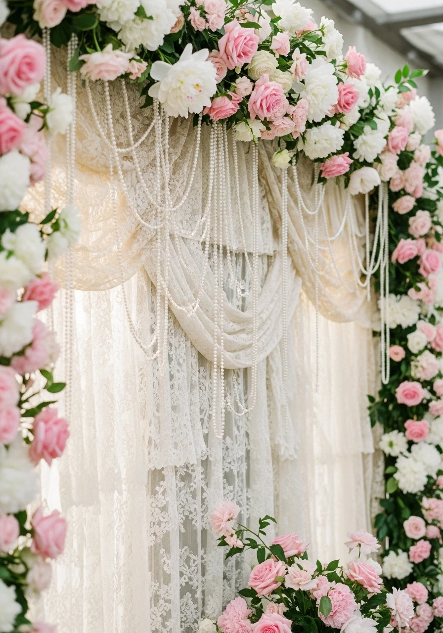 Romantic Lace Curtain Style - 50 Stunning Bridal Shower Backdrop Ideas