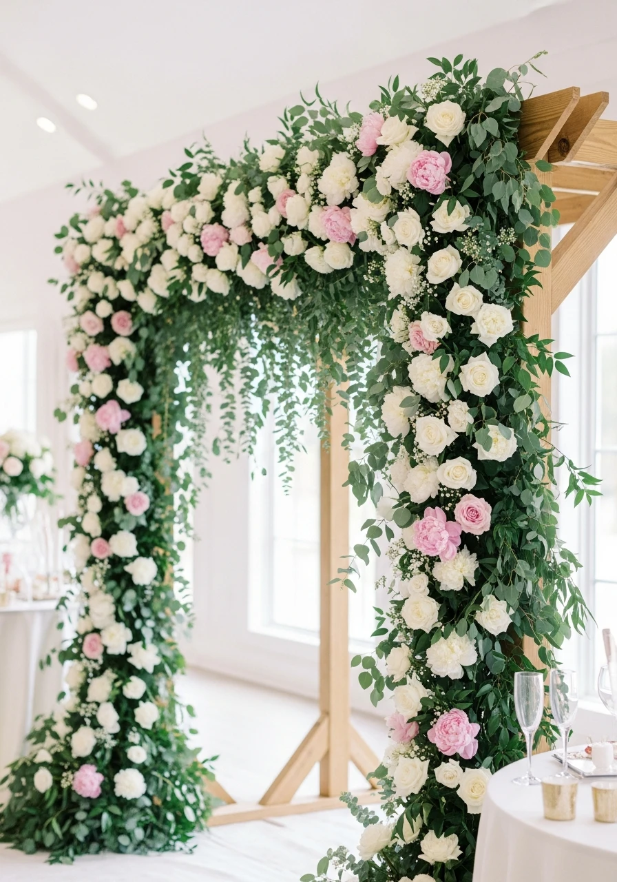 Hanging Garlands Frame Photos - 50 Stunning Bridal Shower Backdrop Ideas