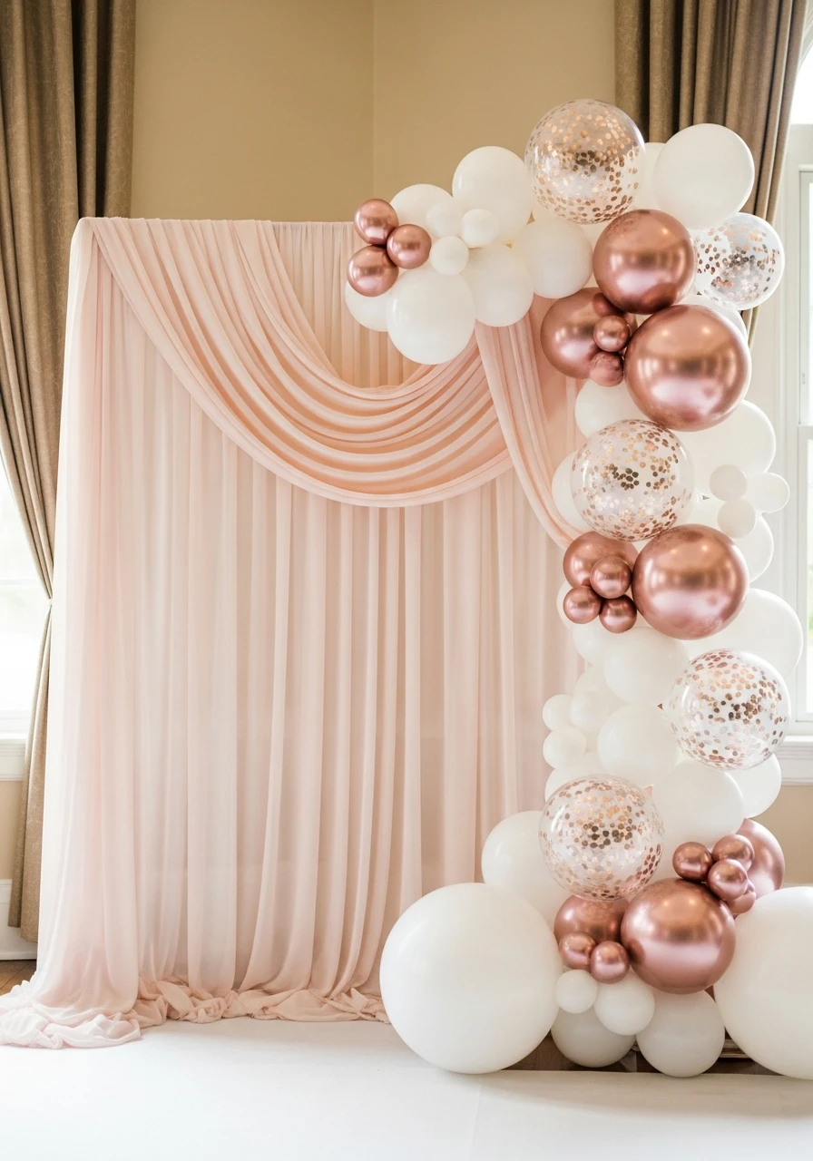 Draped Fabric and Balloons - 50 Stunning Bridal Shower Backdrop Ideas