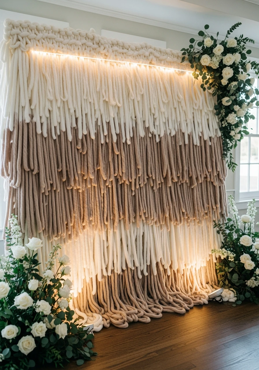 Textured Yarn Fringe Wall - 50 Stunning Bridal Shower Backdrop Ideas