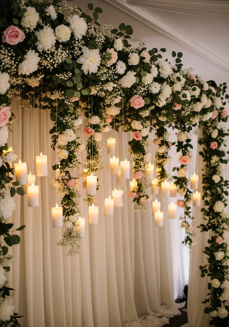 Dreamy Hanging Candles - 50 Stunning Bridal Shower Backdrop Ideas