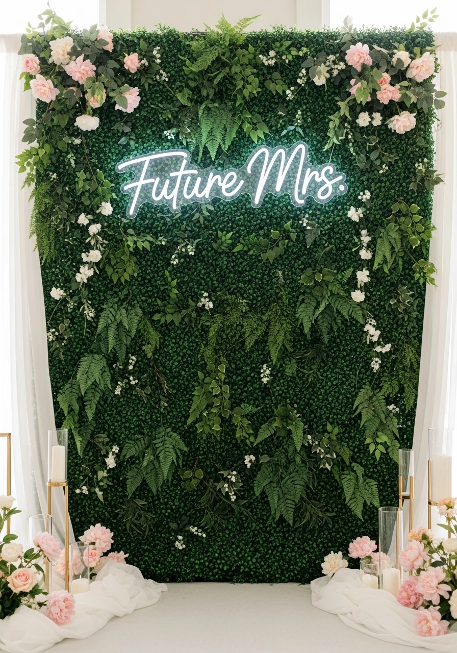 Neon Sign Meets Greenery - 50 Stunning Bridal Shower Backdrop Ideas