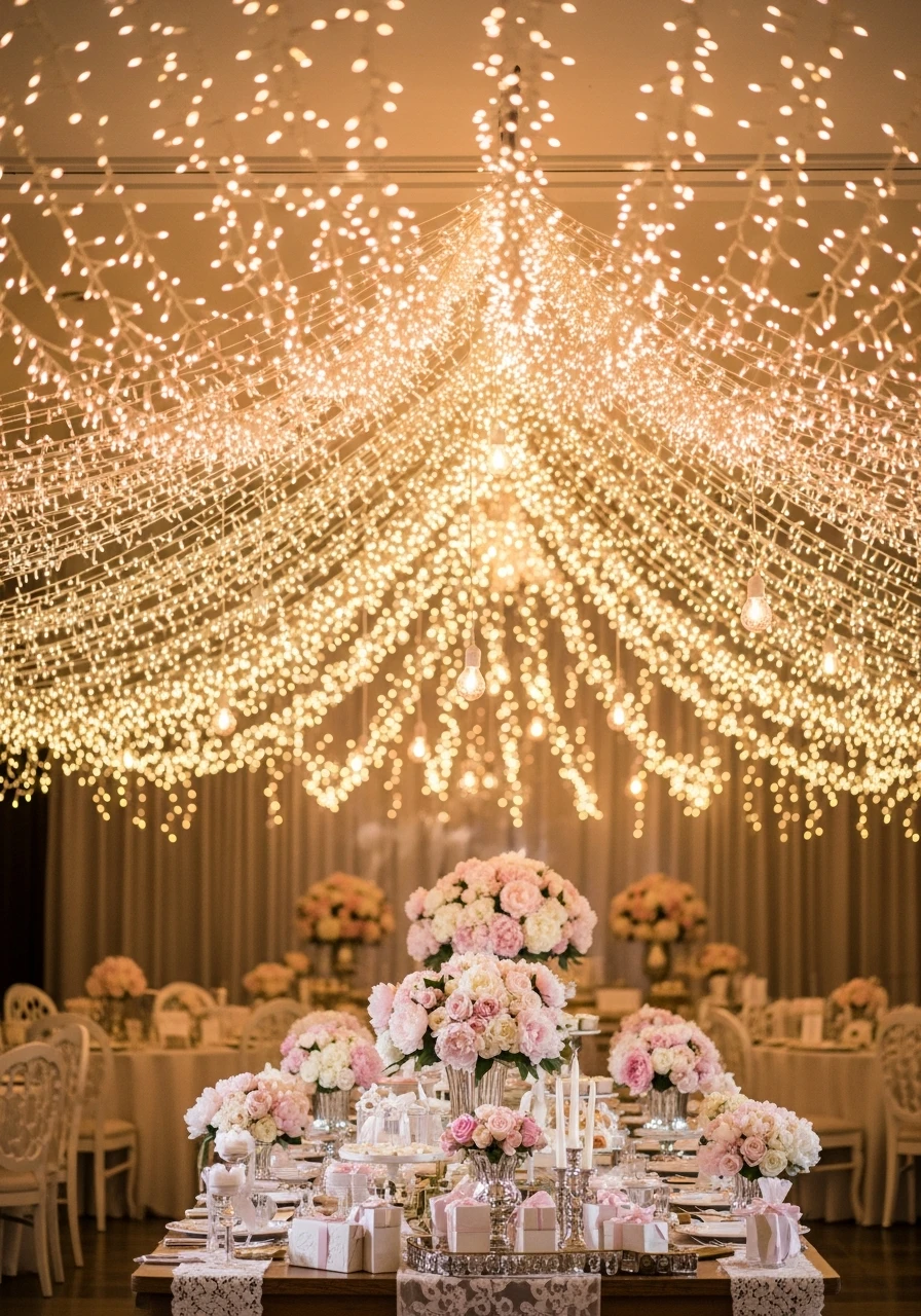 Cozy String Light Ceiling - 50 Gorgeous Bridal Shower Decorations Ideas