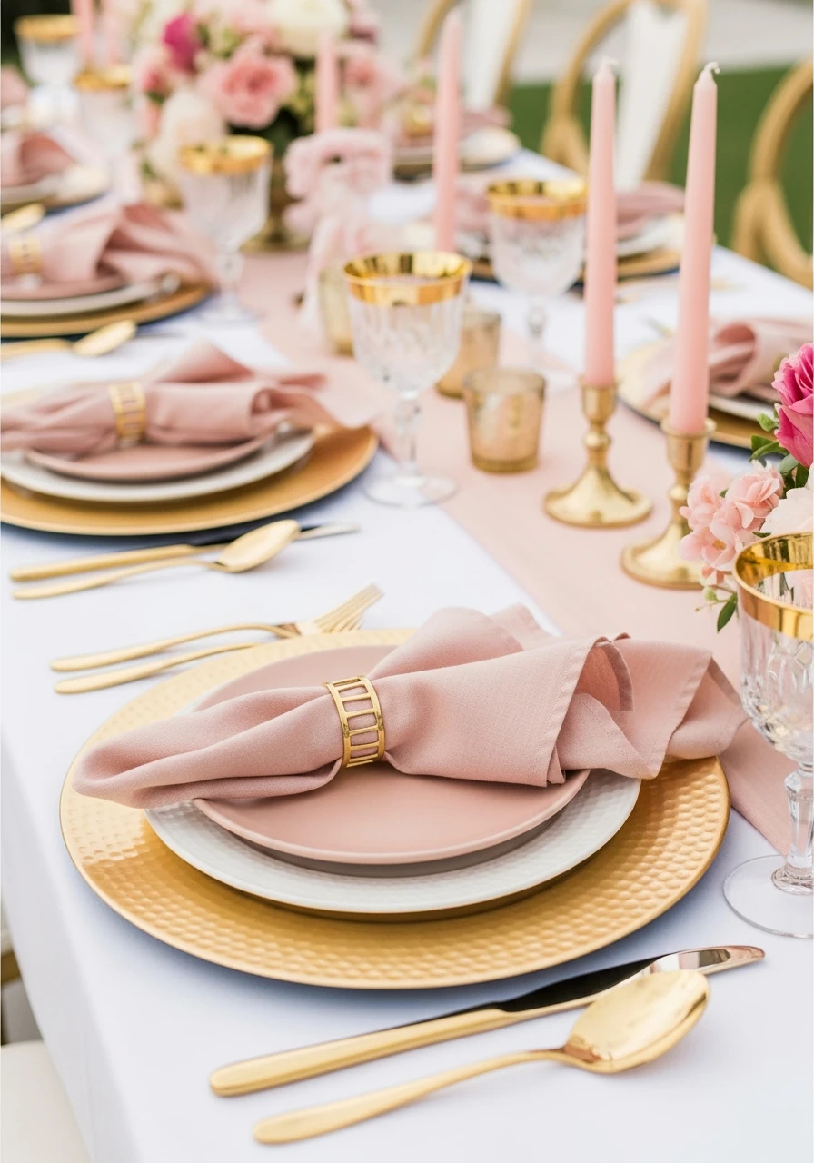 Blush and Gold Place Settings - 50 Gorgeous Bridal Shower Decorations Ideas