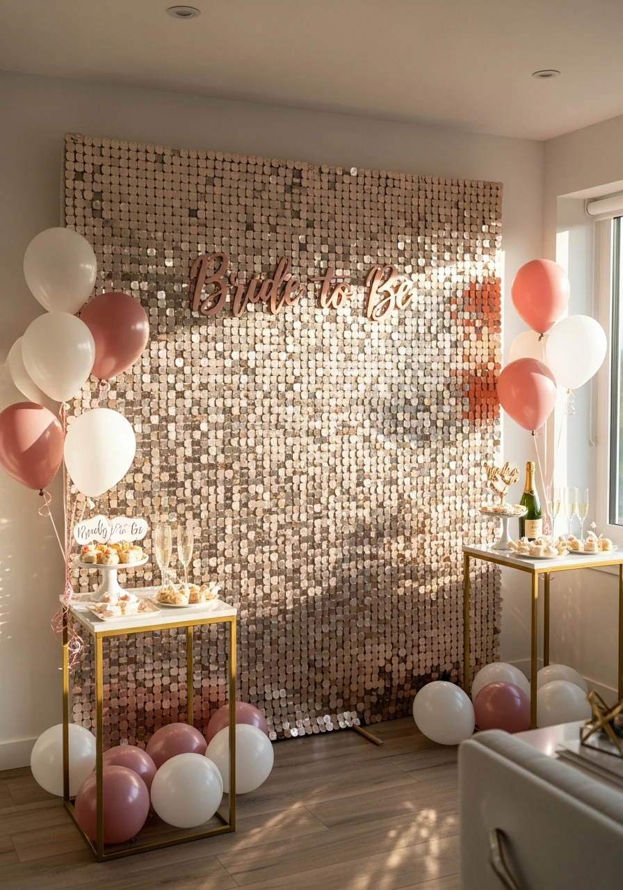 Sequin Photo Wall - 30 Bride to Be Decoration Ideas at Home