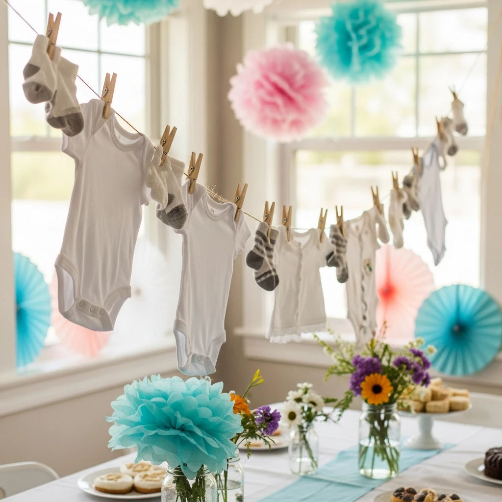 Baby Clothes Garland - 50 Cheap Baby Shower Ideas That Look Amazing