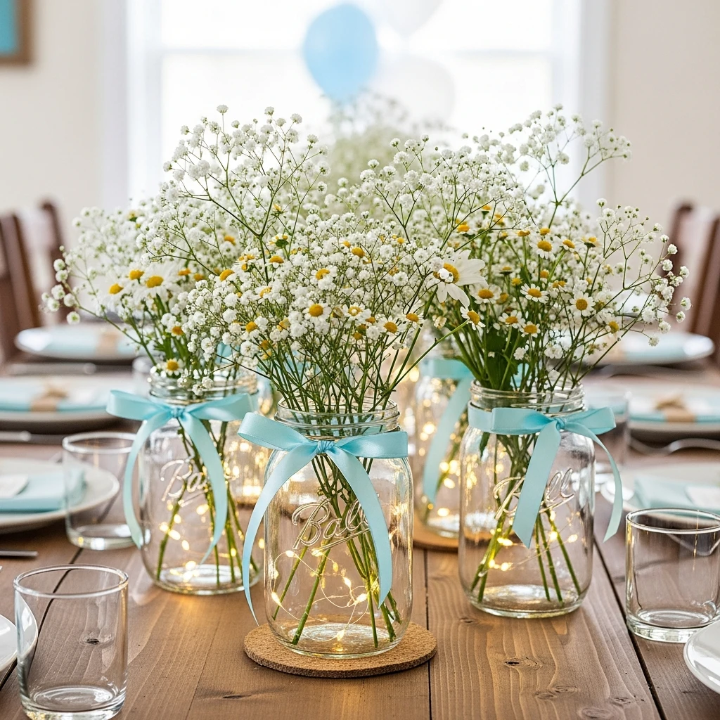 Mason Jars as Centerpieces - 50 Cheap Baby Shower Ideas That Look Amazing