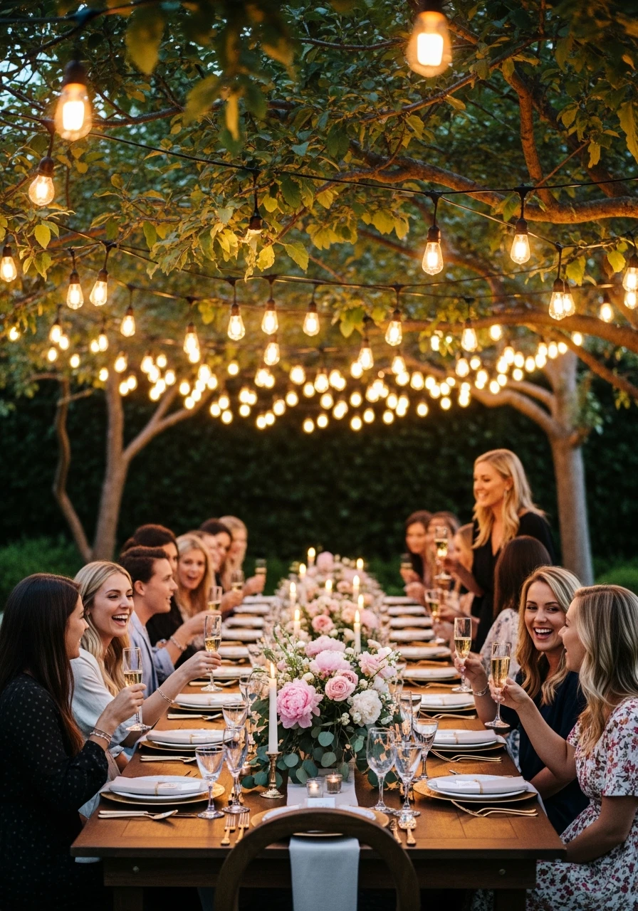 Hang Warm String Lights - 50 Best Garden Bridal Shower Ideas for the Perfect Party