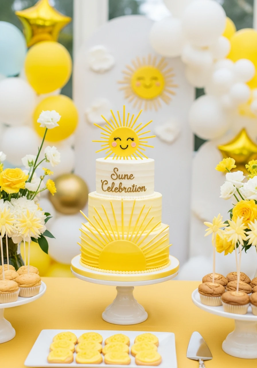 Sunburst Celebration Cake - 50 Bright & Joyful Here Comes the Sun Baby Shower Theme Ideas