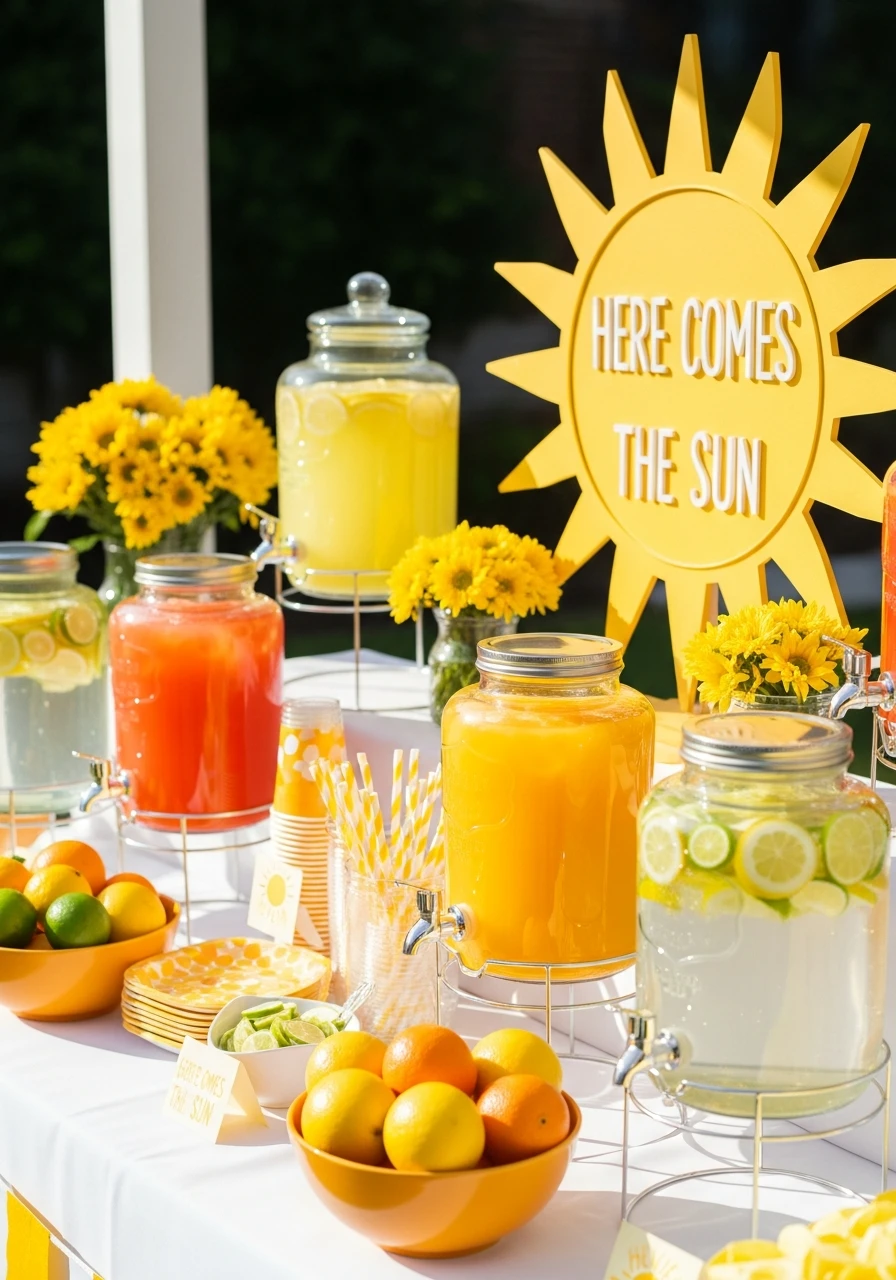 Citrus-Inspired Drink Station - 50 Bright & Joyful Here Comes the Sun Baby Shower Theme Ideas