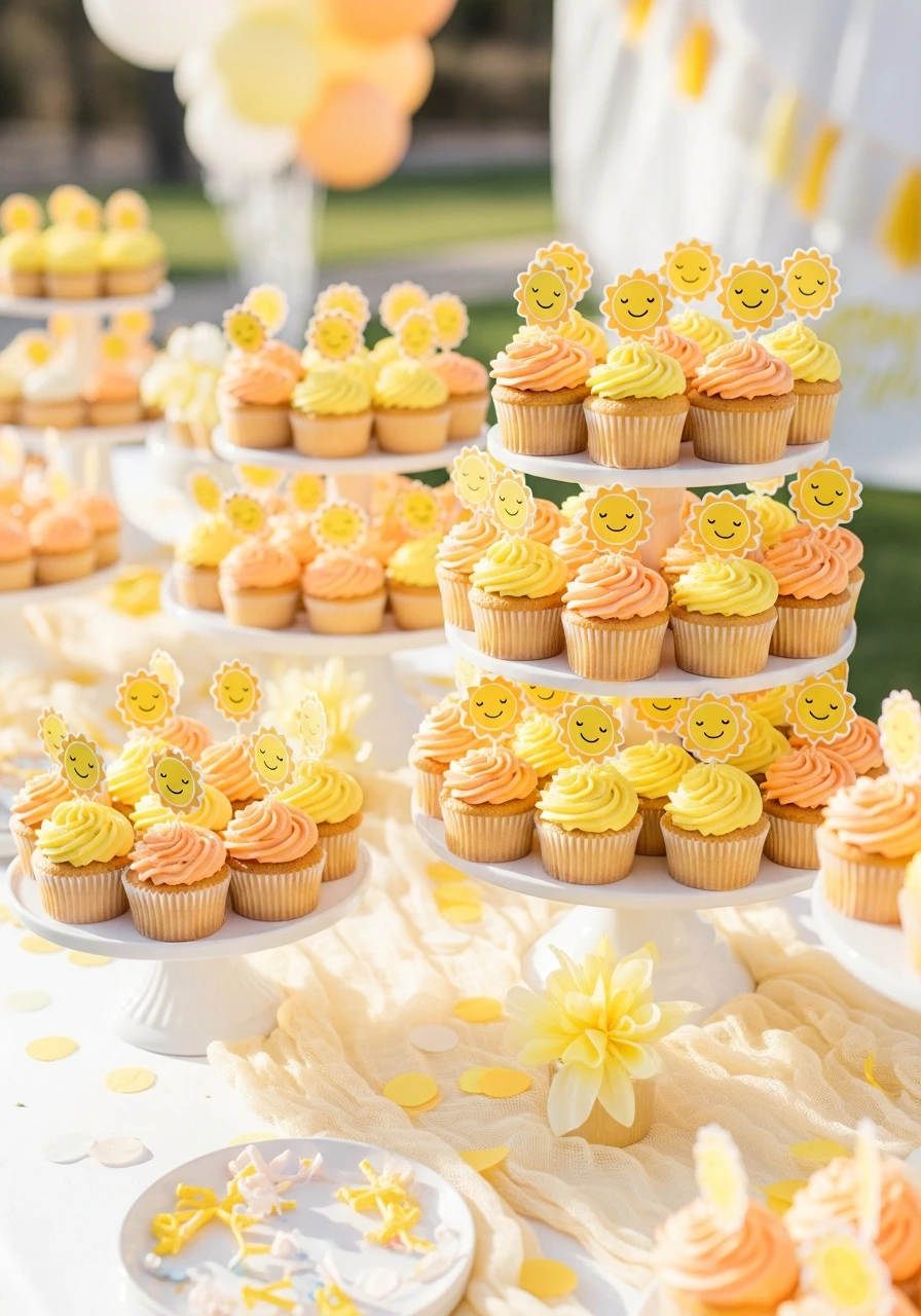 Sunshine Cupcake Display - 50 Bright & Joyful Here Comes the Sun Baby Shower Theme Ideas