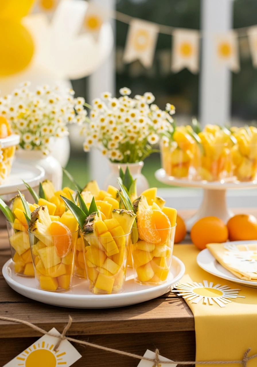 Sunshine Fruit Cups - 50 Bright & Joyful Here Comes the Sun Baby Shower Theme Ideas