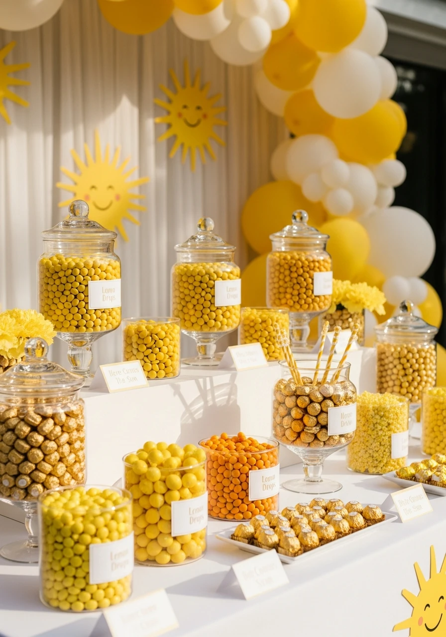 Golden Candy Bar Setup - 50 Bright & Joyful Here Comes the Sun Baby Shower Theme Ideas