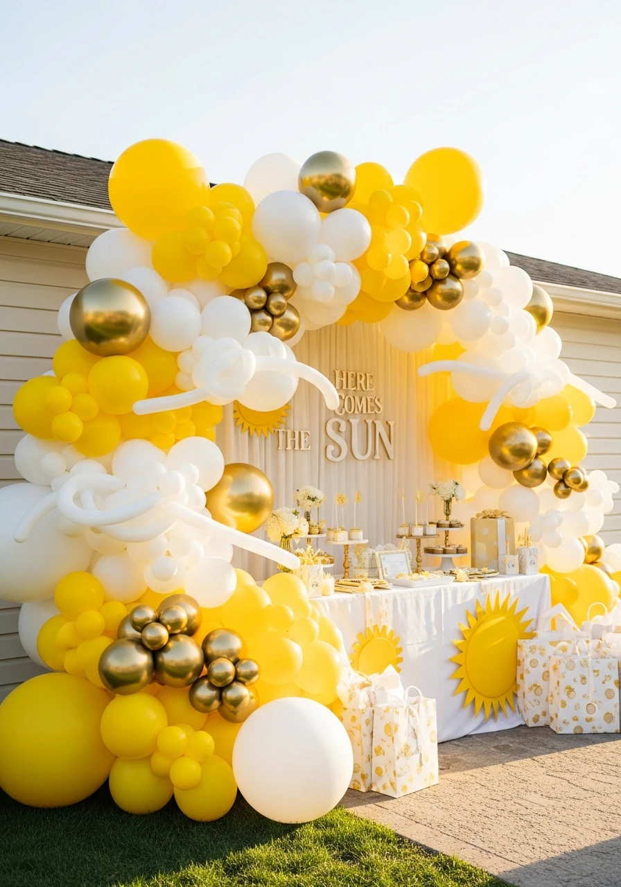 Sun-Themed Balloon Arch - 50 Bright & Joyful Here Comes the Sun Baby Shower Theme Ideas