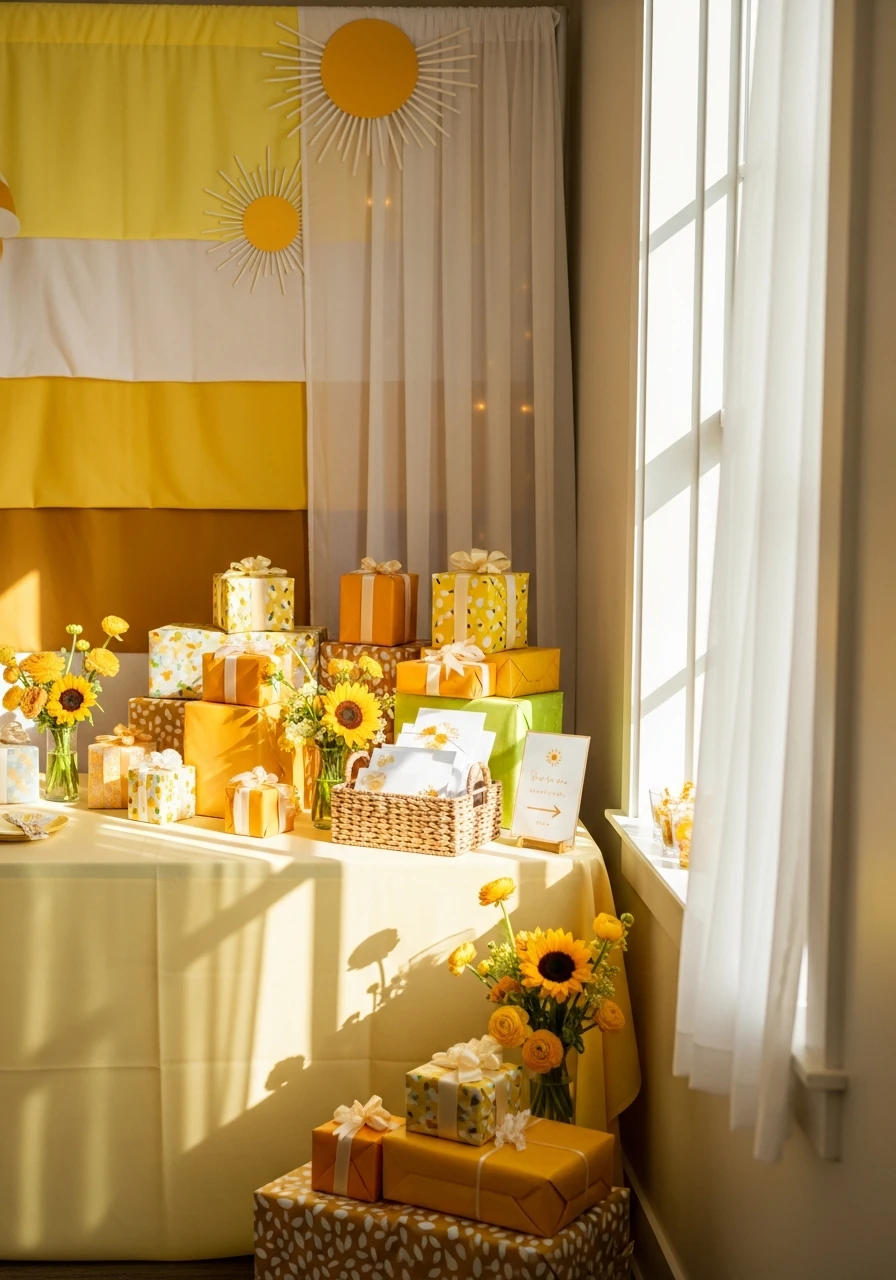 Sun-Themed Gift Table Decor - 50 Bright & Joyful Here Comes the Sun Baby Shower Theme Ideas