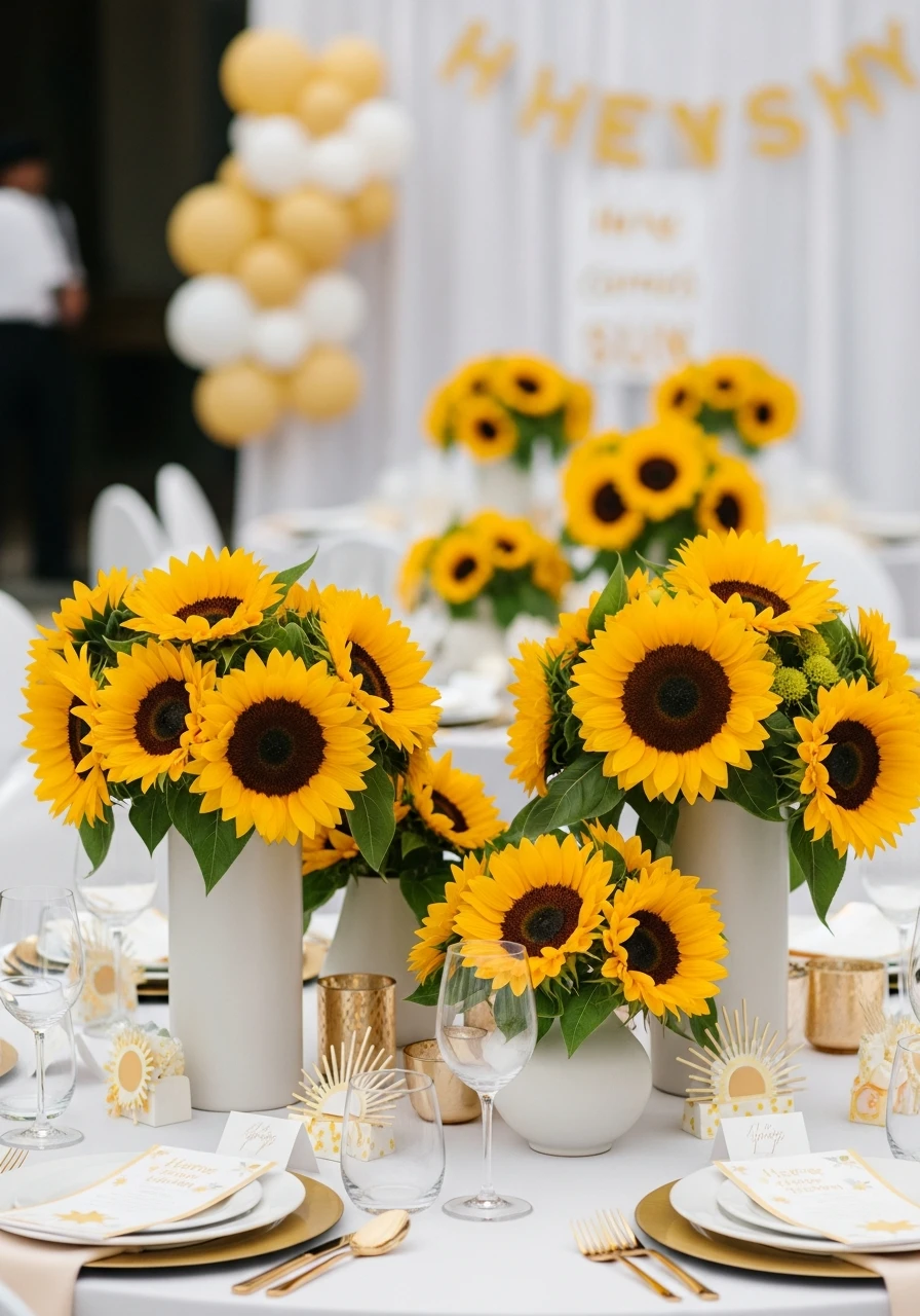 Sunflower Floral Arrangements - 50 Bright & Joyful Here Comes the Sun Baby Shower Theme Ideas
