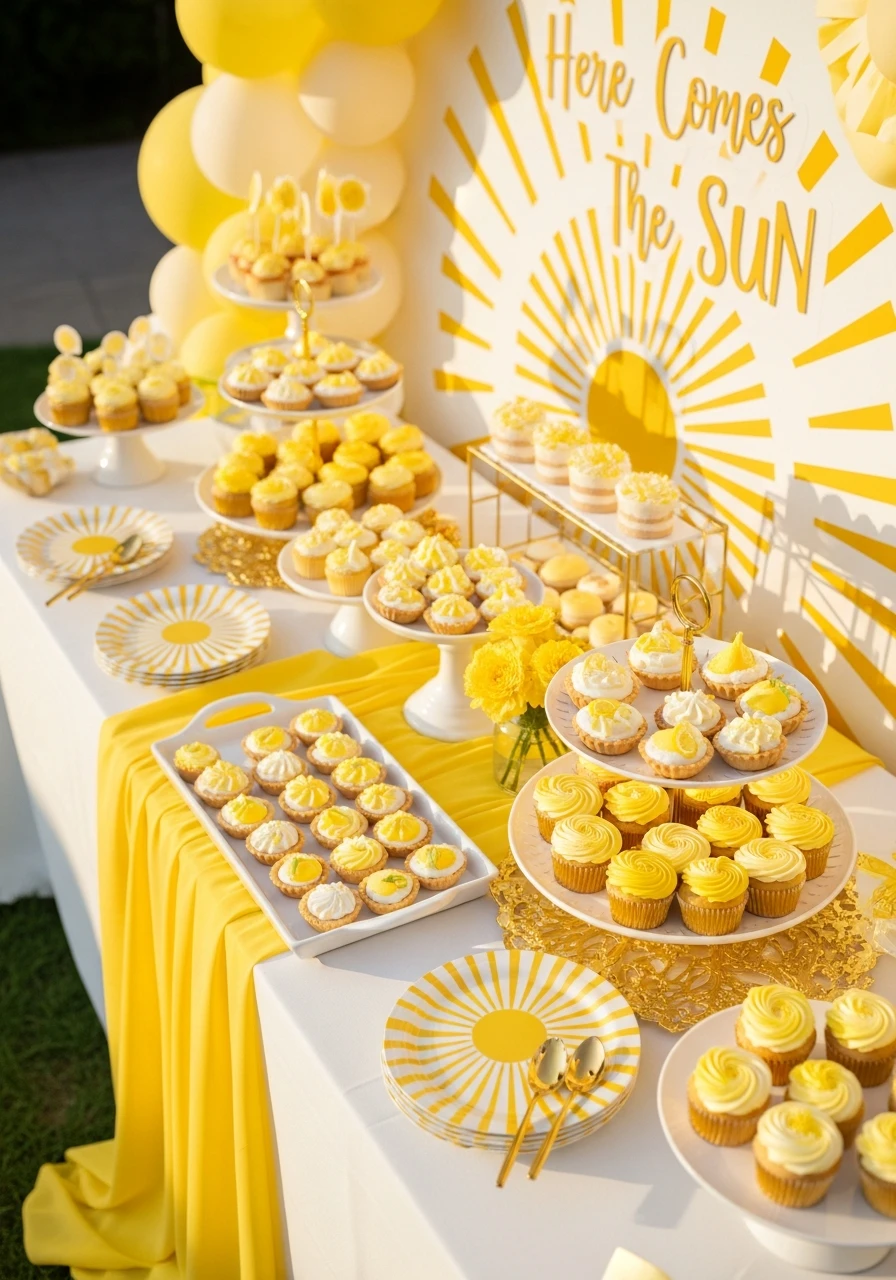 Sunshine Dessert Table Styling - 50 Bright & Joyful Here Comes the Sun Baby Shower Theme Ideas