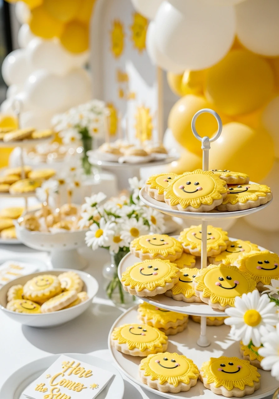 Sun-Shaped Sugar Cookies - 50 Bright & Joyful Here Comes the Sun Baby Shower Theme Ideas