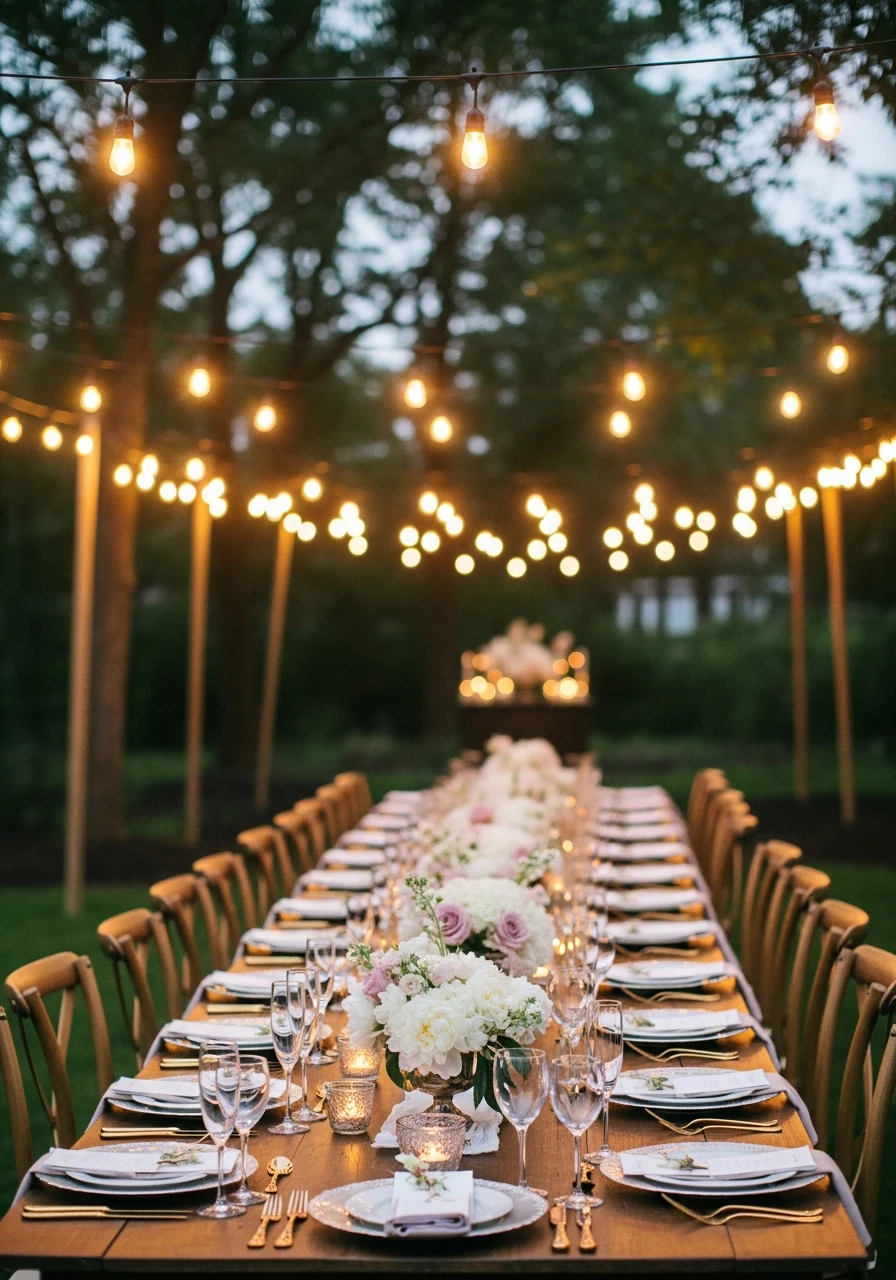 Warm String Lighting - 50 Perfect Outdoor Bridal Shower Ideas for a Beautiful Celebration