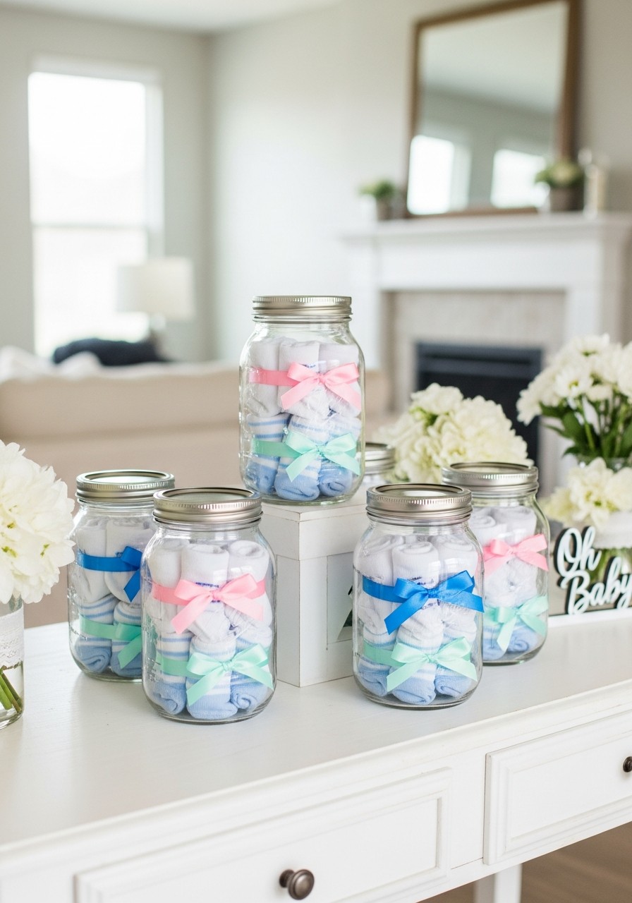 Baby Sock Jar Decor - Simple baby shower decorations