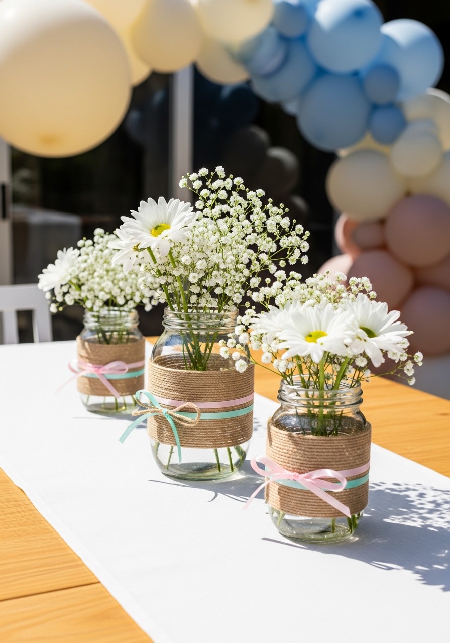 Twine-Wrapped Jar Vases - Simple baby shower decorations