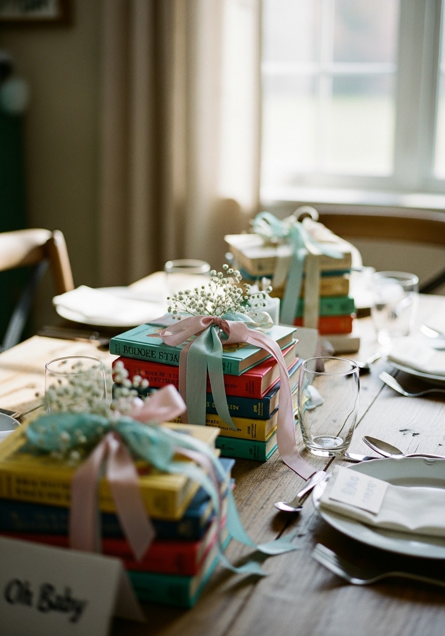 Book Stacks Centerpieces - Small baby shower ideas