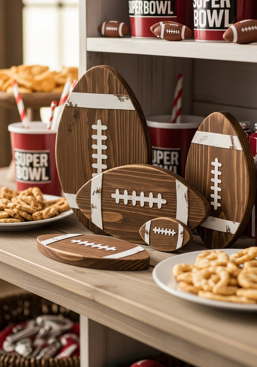 Rustic Wood Football Shapes - 50 Best Super Bowl Party Decorations