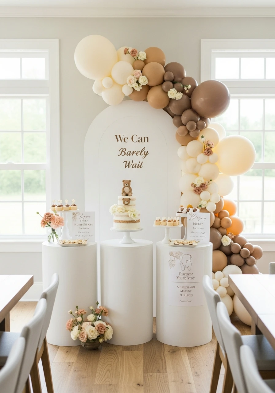 Neutral Bear Chic Setup - We Can Barely Wait Baby Shower Theme Ideas