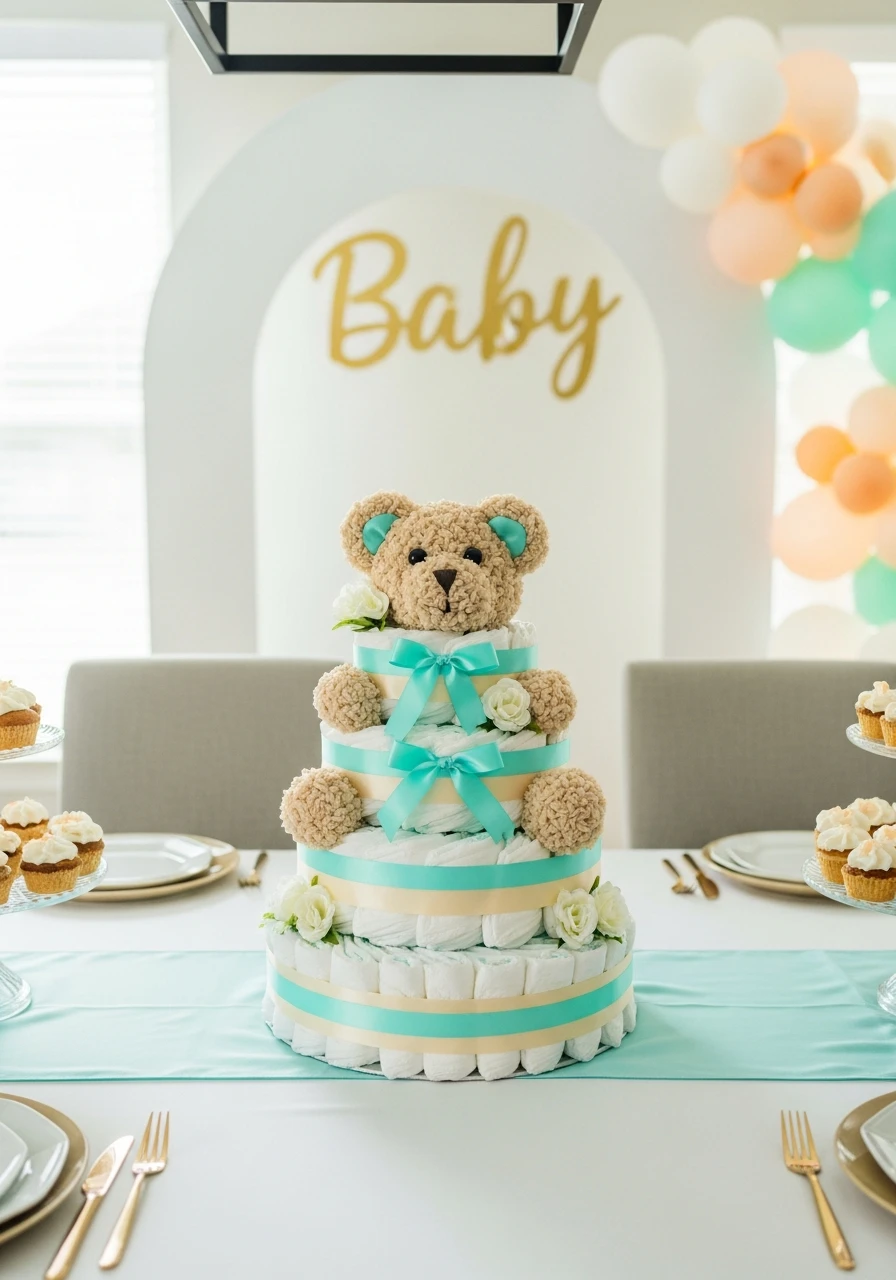 Bear Diaper Cake - We Can Barely Wait Baby Shower Theme Ideas